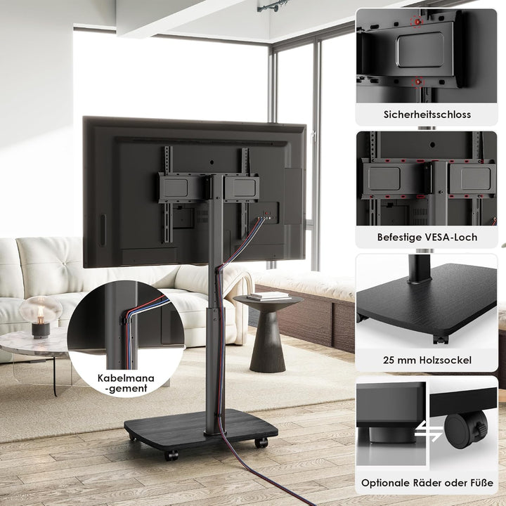 AOKCOS TV Ständer Rollbar mit Holzablage, Fernsehständer auf Rollen für 32-65 Zoll Fernseher, TV Bod