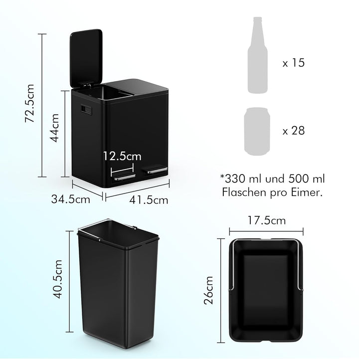 VonHaus Mülleimer 30L, Mattschwarz, Küchenmülleimer 2 Fächer, Doppelmülleimer 2 x 15L, Mülltrennsyst