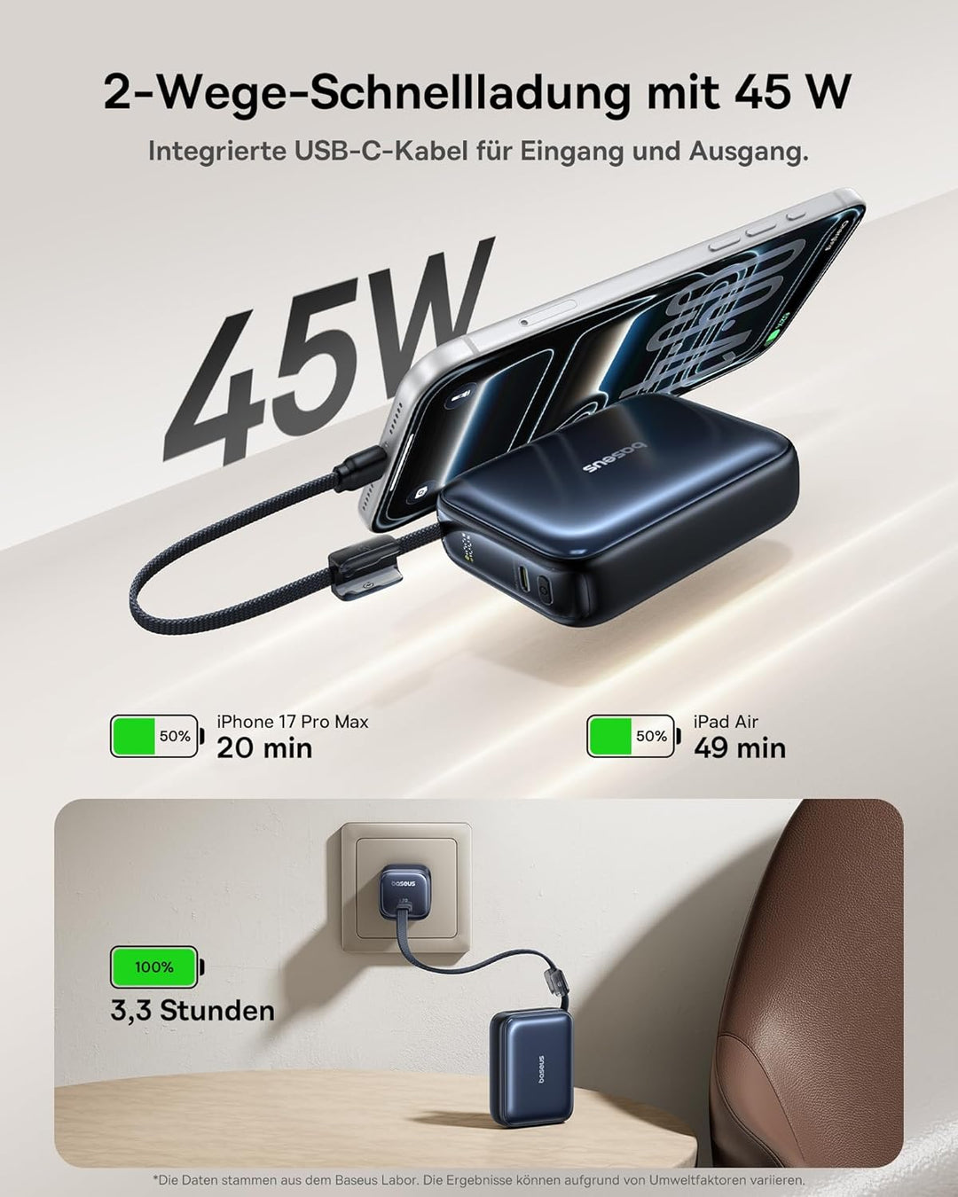 Baseus AC22 Mini Powerbank 20000mAh, 45W PD Power Bank Klein mit Integriertem USB-C Kabel, Externe H