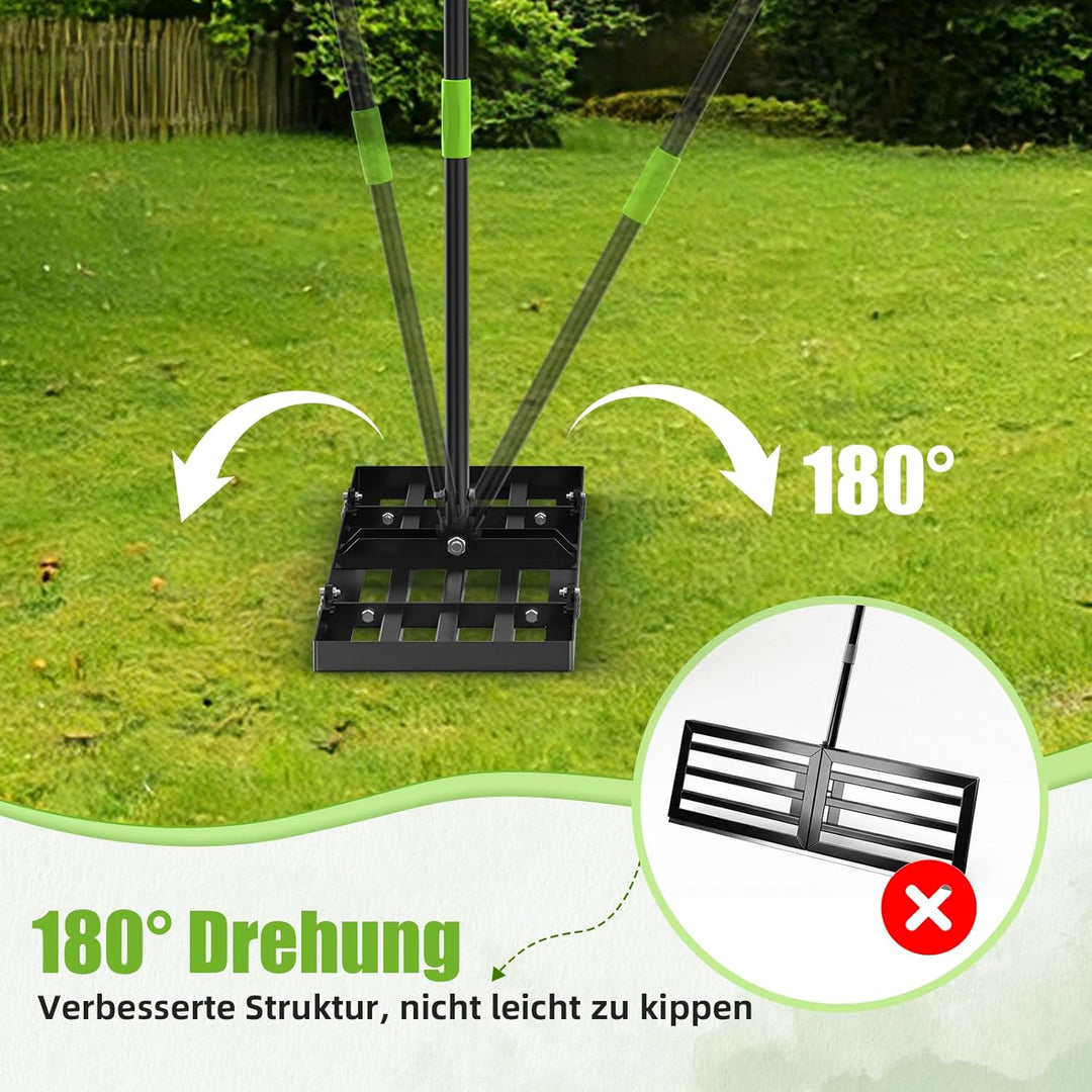 GARDTECH Rasenrakel 75x25 cm | Nivellierrechen aus Edelstahl mit Anti-Kipp-Design | 195 cm Verstellb