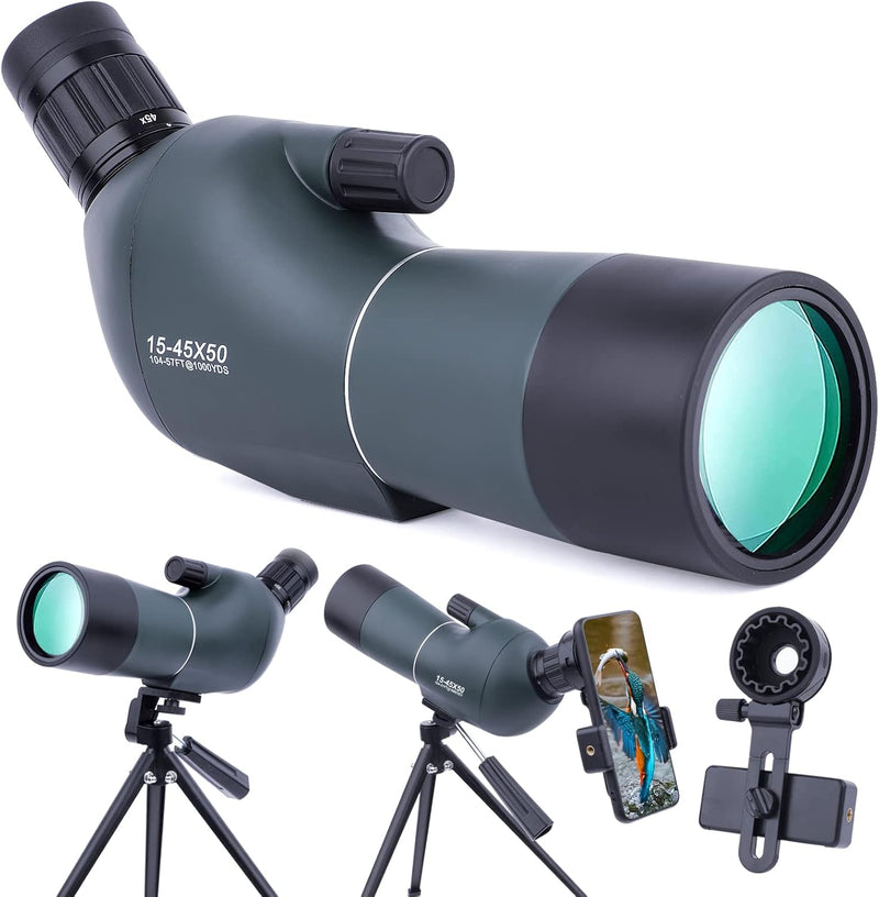 Spektiv 15-45x50, HD Wasserdichtes Spektiv mit Stativ, Tragetasche und Smartphone-Adapter für Vogelb