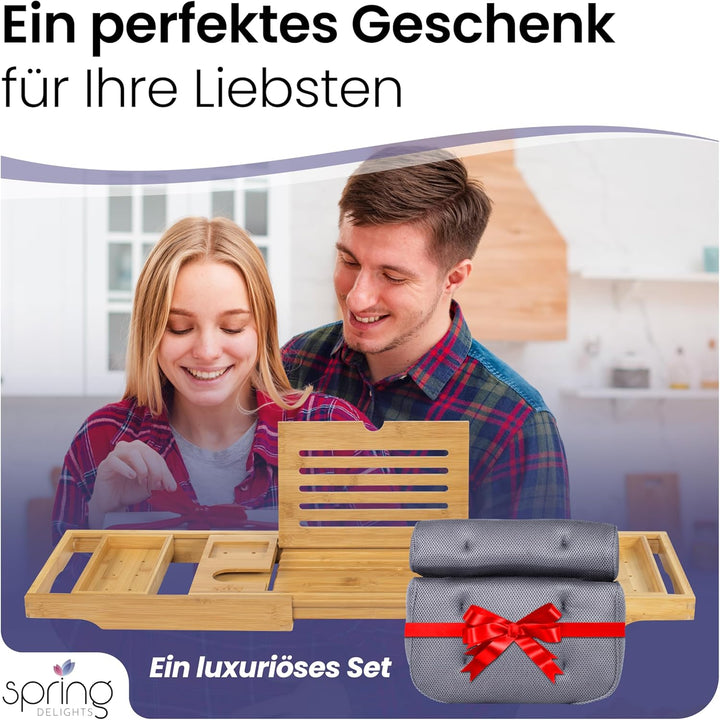 Badewannen-Set: Luxus Bambus Badewannenablage &amp; Ergonomisches Badewannenkissen - Weinglashalter, Tab