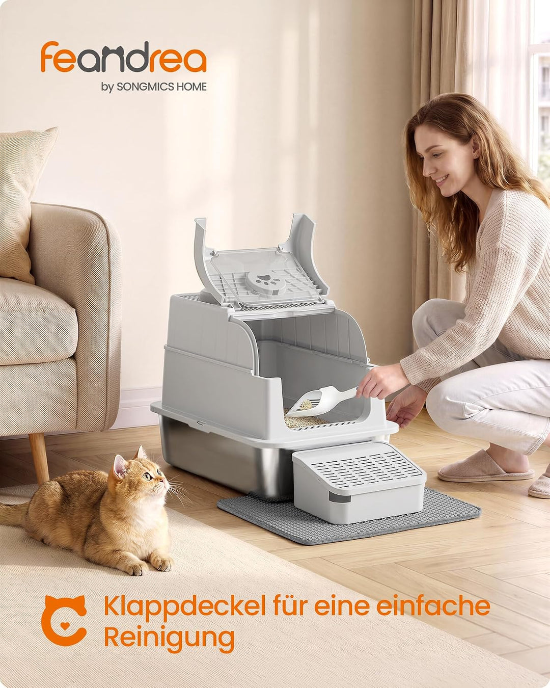 Feandrea Katzenklo Edelstahl, Katzentoilette mit Deckel, geschlossen, 2 Eingänge, inklusive Schaufel