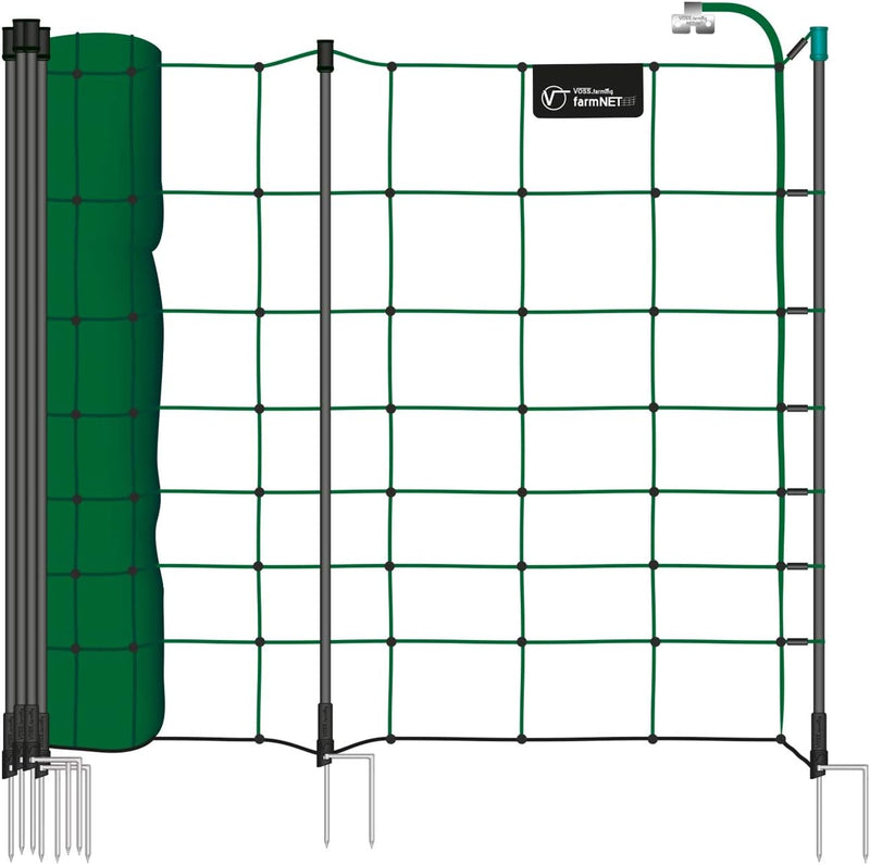 VOSS.farming Premium Schafnetz farmNET+ 50m 90cm Elektronetz 20 Pfähle 2 Spitzen grün, Hundezaun Wei