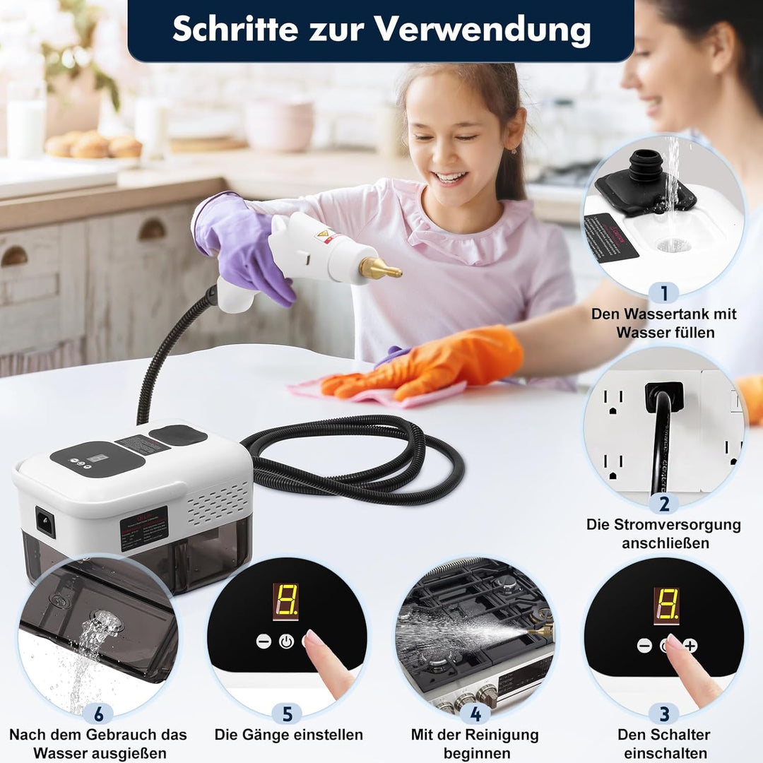 Dampfreiniger für Haushalt und Auto 2500W, 9-Stufig Einstellbarer Dampfreiniger, 1,2 l grosser Tank,