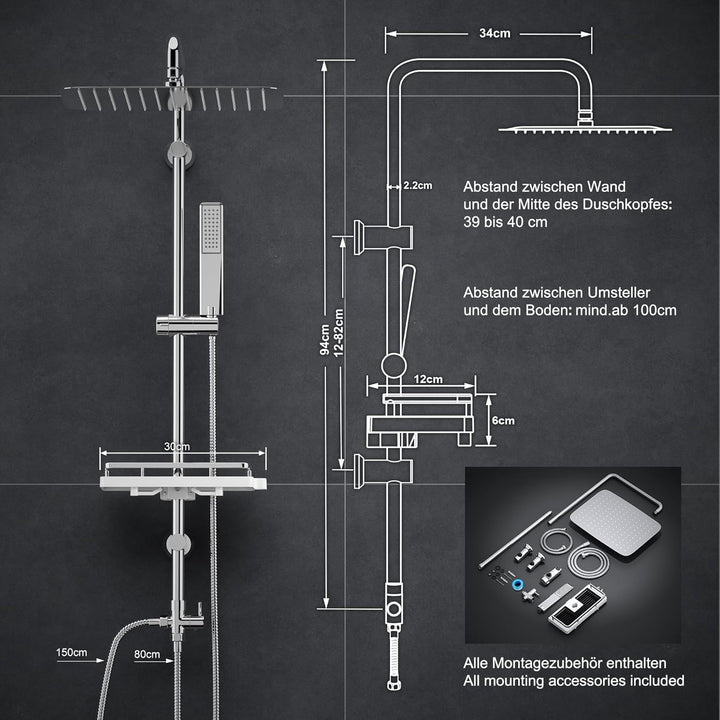 Görbach Regendusche Duschset Duschsystem mit Ablage Chrom Duschstangeset ohne Duscharmatur (35x25) Y
