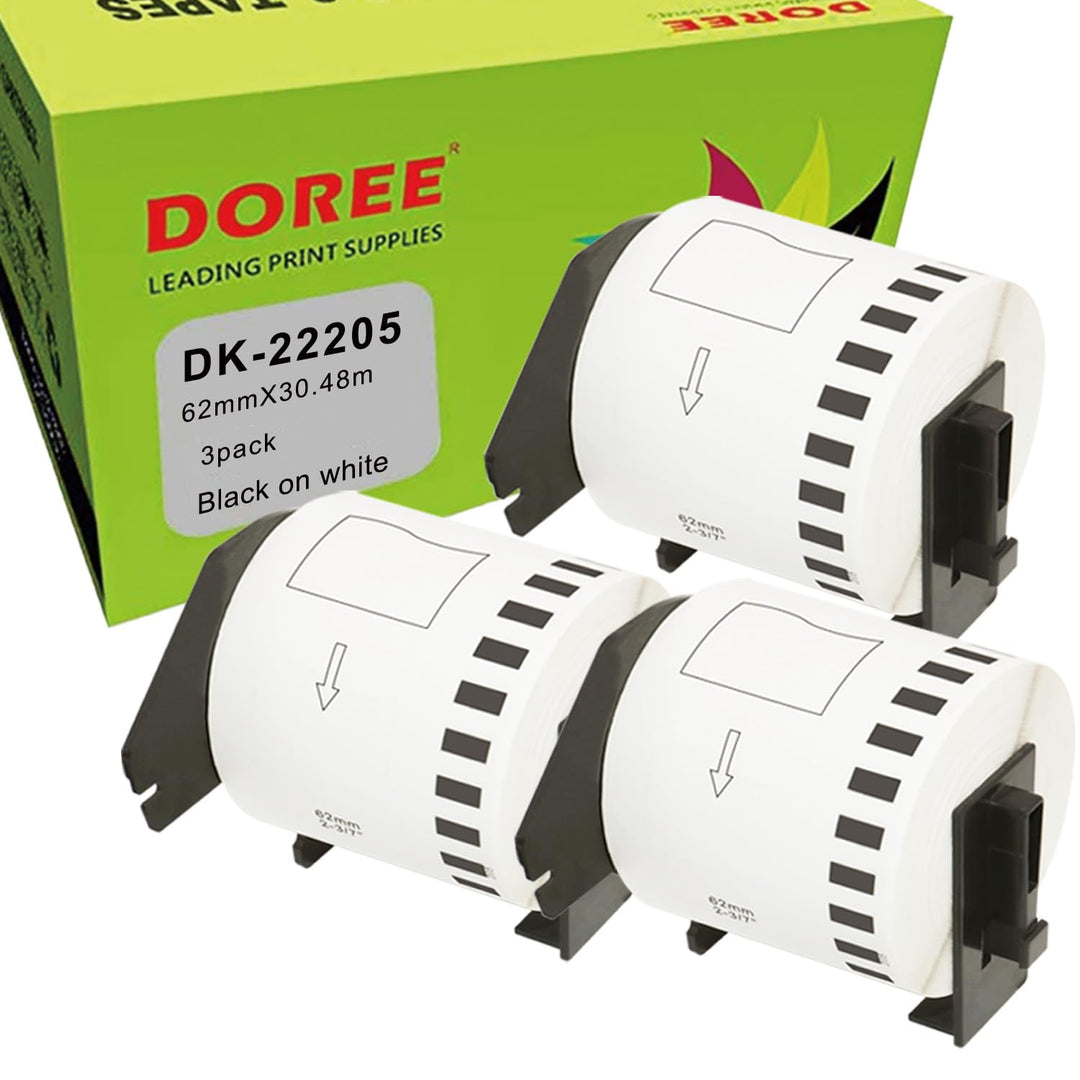 DOREE 3 Rollen DK-22205 Endlosetiketten, kompatibel mit Brother DK-22205, 62mm x 30,48m Selbstkleben