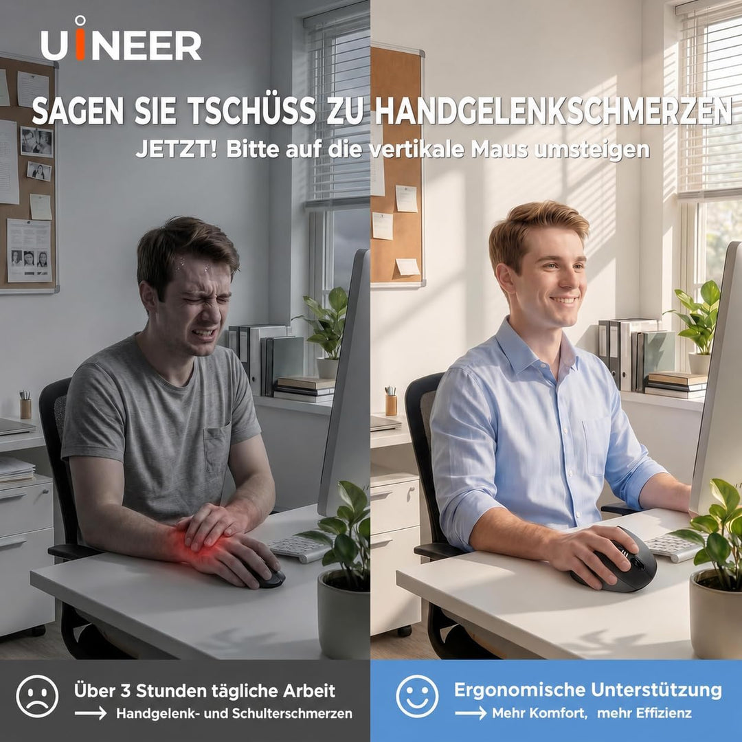 Uineer Ergonomische, kabellose vertikale Maus, dreifarbige Atemlichter, BT5.0/4.0/2.4G Bluetooth, wi
