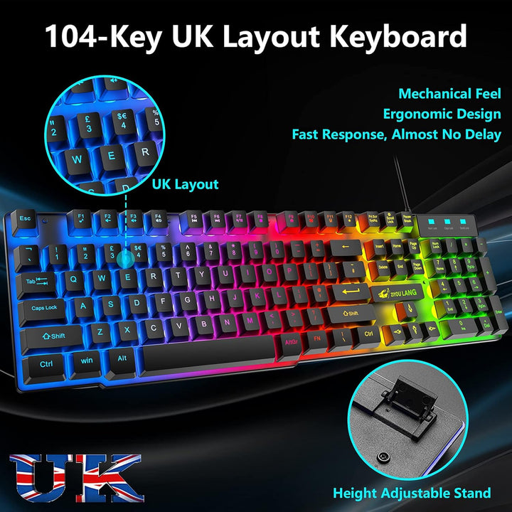 Gaming Tastatur Headset & Maus Set, 104 Tasten Rainbow Backlit UK Layout Tastatur 2400DPI Maus 7.1 S