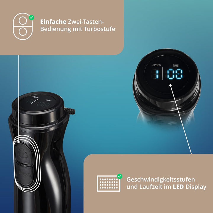 KHG Stabmixer 1000 Watt mit LED-Display - 6 Geschwindigkeiten & Turbo-Funktion - Edelstahlmesser 4-f