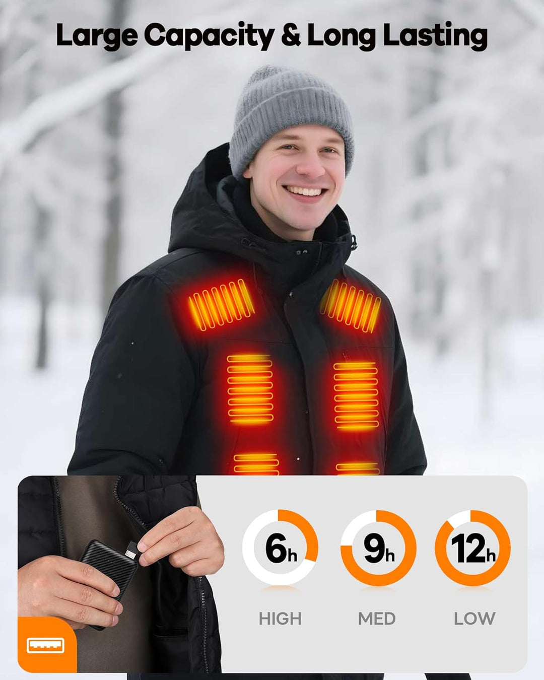 Powerbank für Heizweste 5V 3A 12000mAh USB, Powerbank Beheizbare Weste Kompatibel mit Techstuph, mit