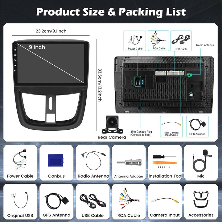 Hikity 4G+64G Android 15 Autoradio für Peugeot 207 2006-2010 9 Zoll | Wireless CarPlay, Android Auto