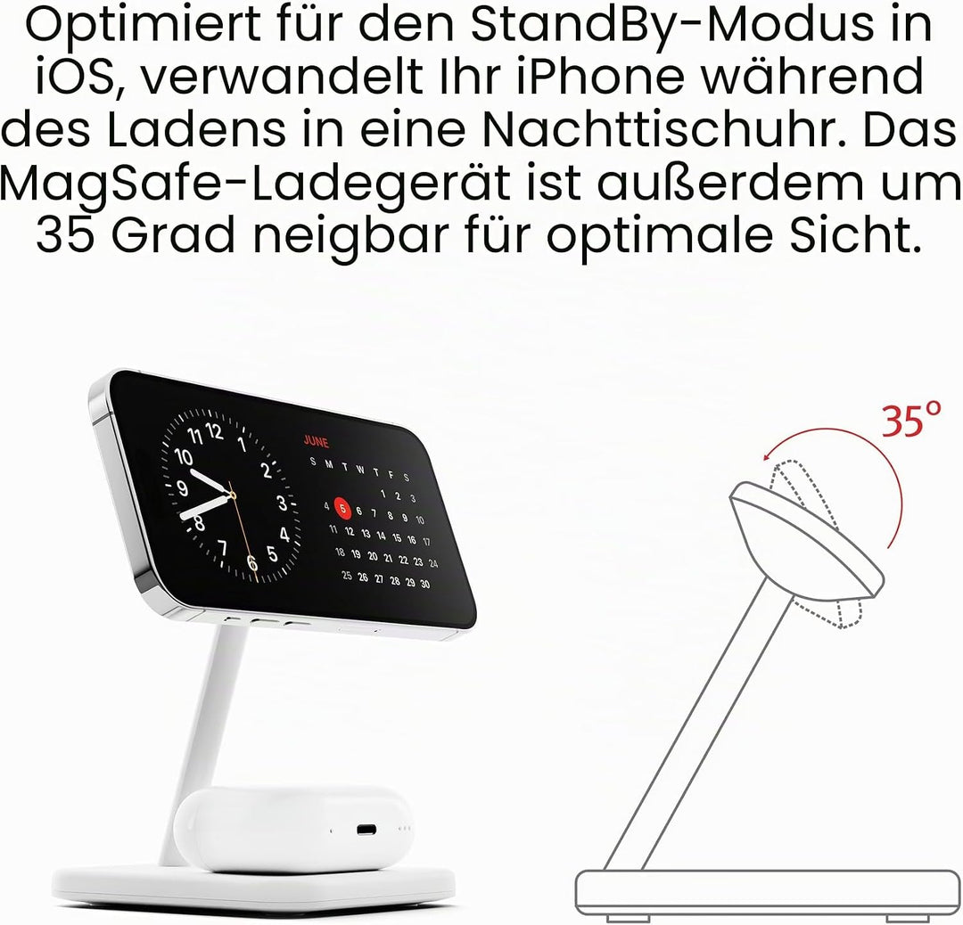 Twelve South HiRise 2 Deluxe 2-in-1-Ladeständer Qi2 für iPhone und AirPods, Weiss