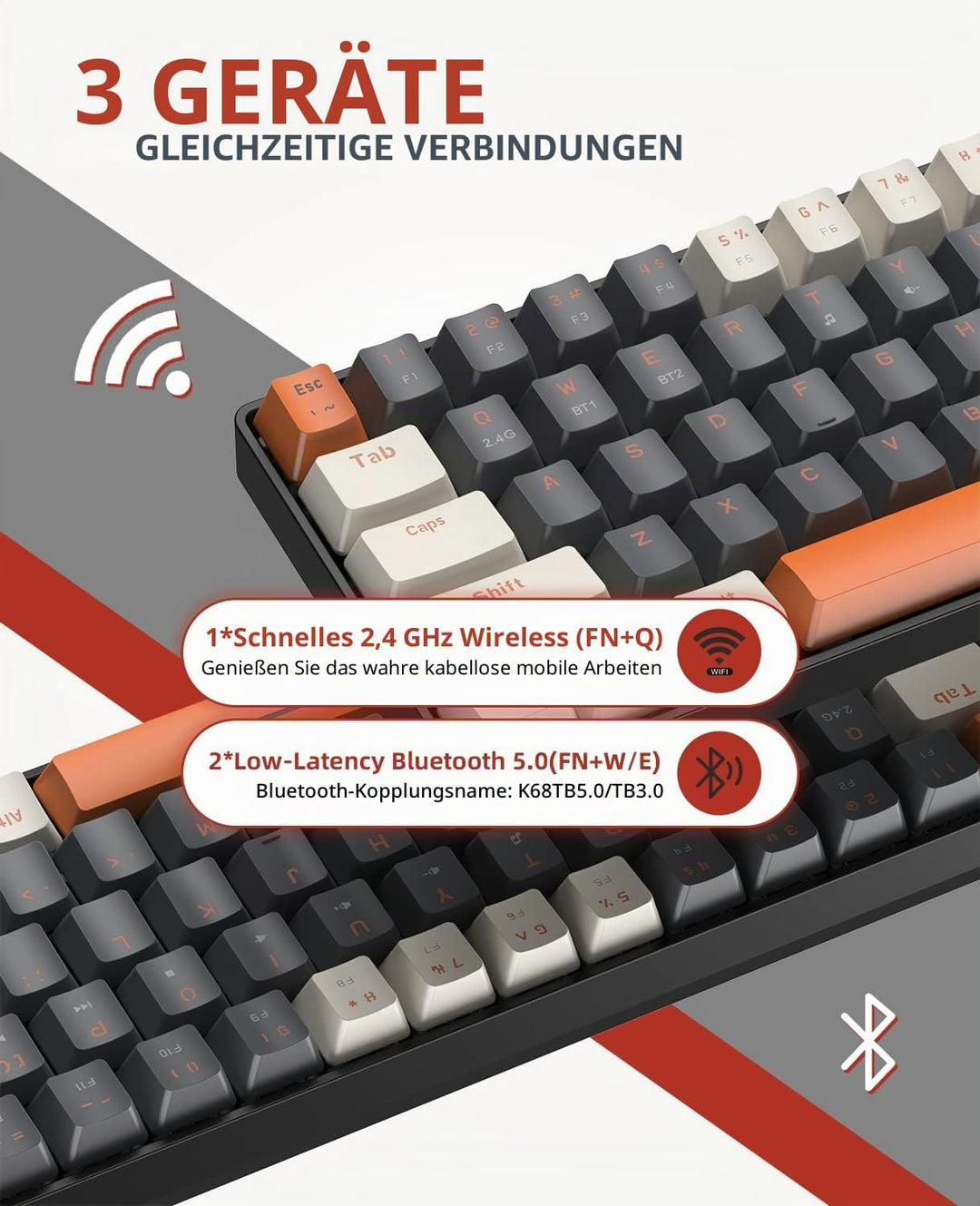 MAGIC-REFINER RK68 Kabellose Mechanische Gaming-Tastatur, Dual-Mode 2.4G Wireless/Bluetooth, 60% Pro