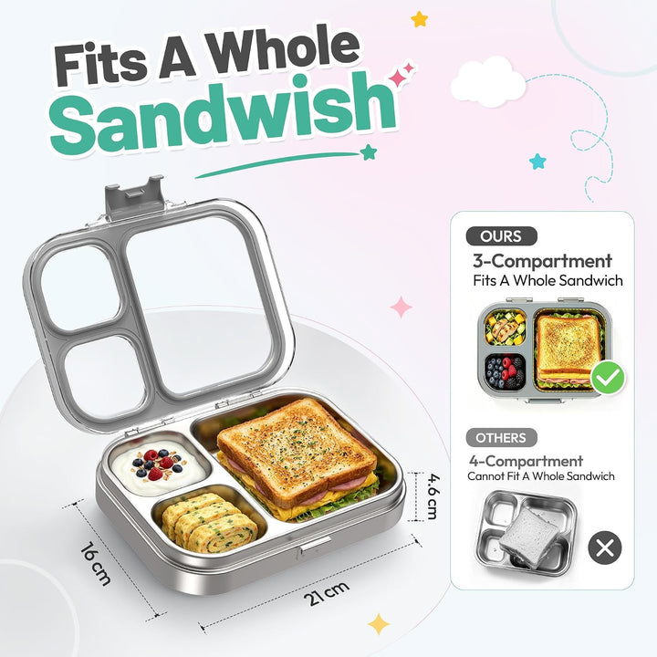 VITONIS Edelstahl Brotdose Lunchbox mit 3 Fächern, Bento Lunch Box Kinder Auslaufsicher BPA frei, Sp