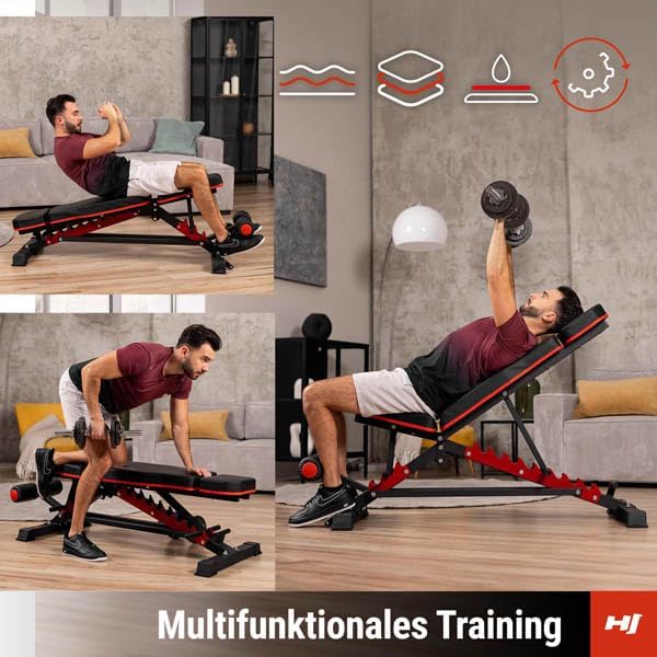 Hop-Sport Hantelbank HS-2090HB, Hantelbank vielseitig & stabil, multifunktionale und verstellbare Tr