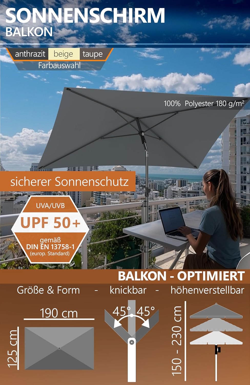 4smile Sonnenschirm Balkon SunnyShade, Sonnnenschutz Balkon SET 4-in-1, UV50+ SunnyEasy Sonnenschirm
