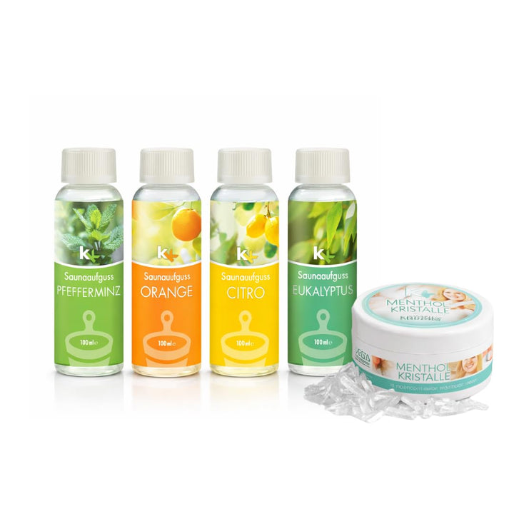 Sauna Set | KK Saunaaufgussset 4 x 100 ml + 50g Mentholkristalle | Saunakonzentrat + Menthol-Kristal