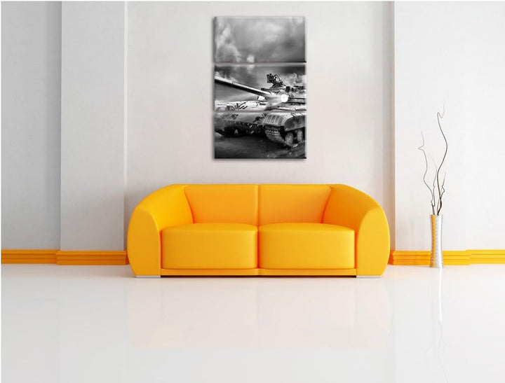 Pixxprint Panzer im Nebel 3Teiler 120x80 cm Leinwandbild Wandbild Kunstdruck