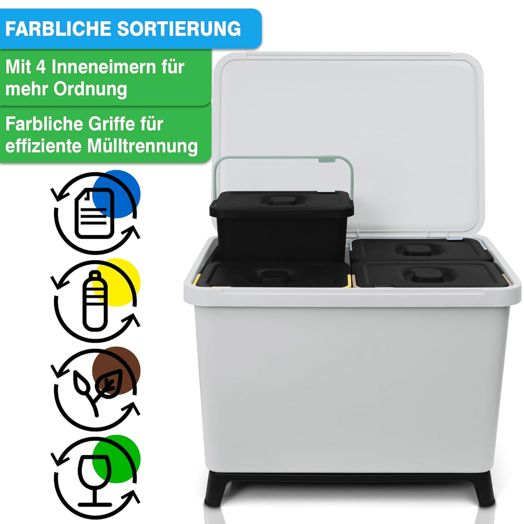 YourCasa Mülleimer Küche 4 Fächer [40L] im exklusiven Design - Mülltrennsystem mit Deckel und Fuss -