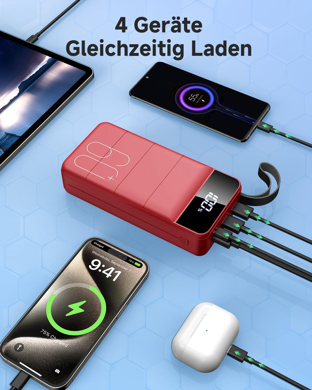 60000 mAh Power Bank, 22,5 W Powerbank USB-C Schnellladefunktion Externe Akku mit 4 Ausgänge und 3 E