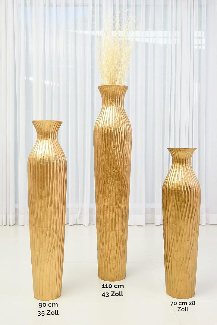Leewadee Grosse Bodenvase für Dekozweige hohe Standvase Design Holzvase, Holz, 70 cm, golden 70 cm G