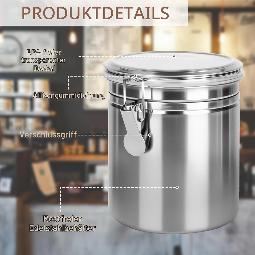 2 Stück Kaffeedose Luftdicht mit Deckel, 850ml Kaffeebohnen Behälter aus Edelstahl, kaffeebohnen auf