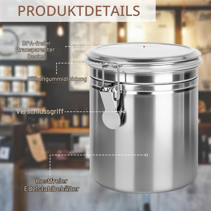 2 Stück Kaffeedose Luftdicht mit Deckel, 850ml Kaffeebohnen Behälter aus Edelstahl, kaffeebohnen auf