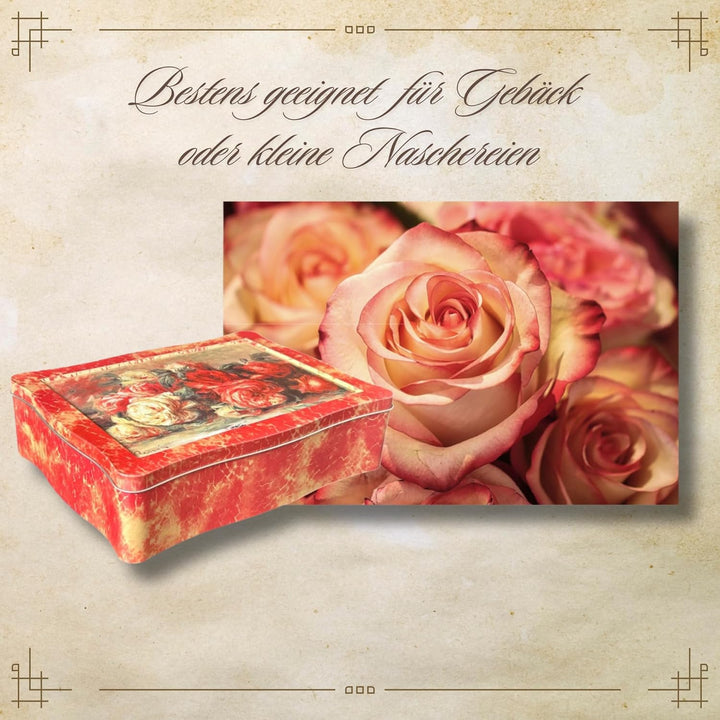 Rosendose - bezaubende, rot melierte Gebäckdose mit Rosen auf dem Deckel - lebensmittelecht - Keksdo