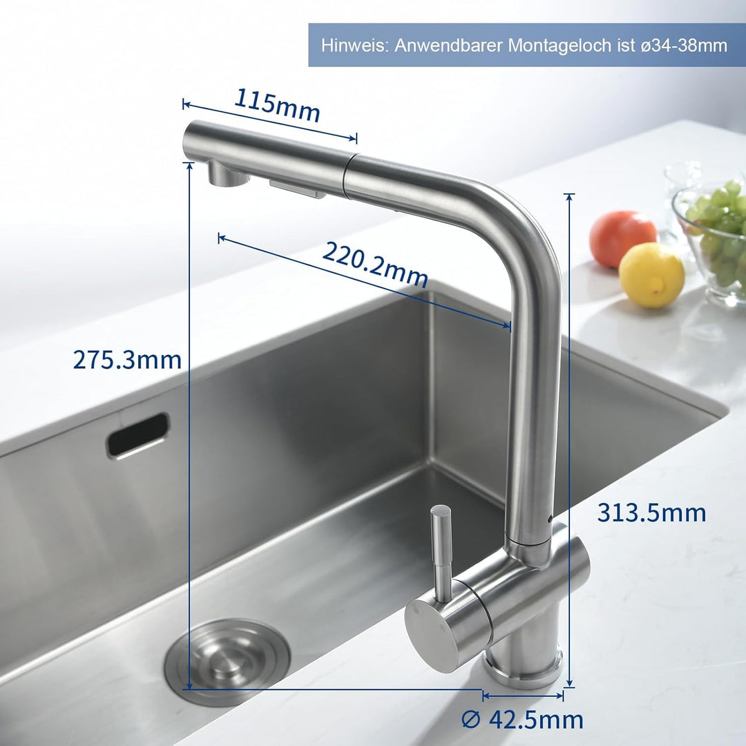CECIPA Hochdruck Wasserhahn Küche Ausziehbar, Küchenarmatur mit Brause Zwei Strahlarten, Mischbatter