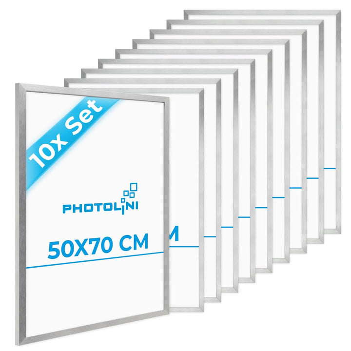 PHOTOLINI Bilderrahmen 50x70 Holz MDF 10er Set Silber, 50x70 cm Bilderrahmen gross, Rahmen 70x50 Puz