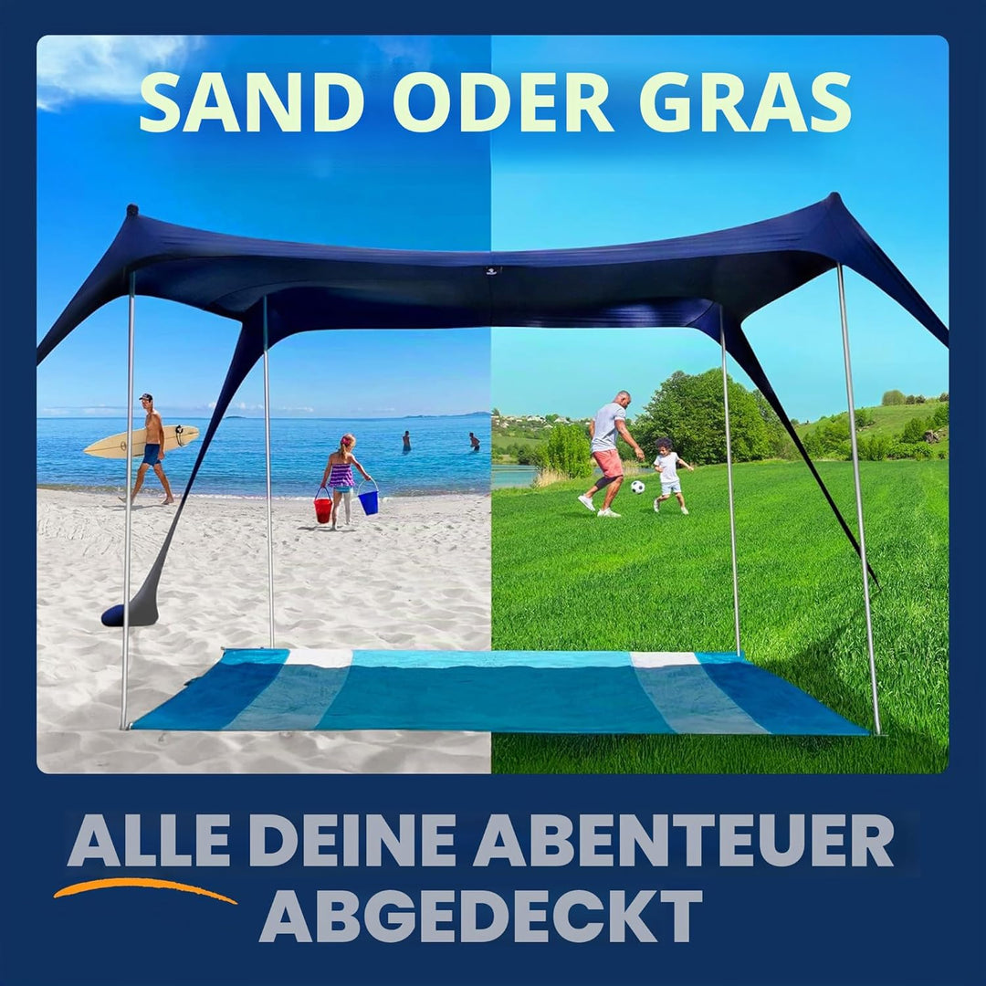 SUN NINJA Strandzelt, Sonnensegel LSF 50+, mit Sandschaufel, Heringen und Stabilitätsstangen, Schatt