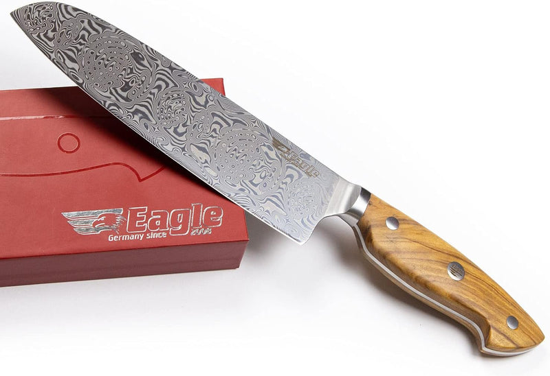 Eagle U-Grip - Santoku-Messer 18 cm - Voll-Damaststahl 108 Lagen/Heftschalen: Olivenholz aus Südital