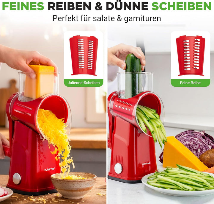 NutriChef Käsereibe mit Kurbel - Gemüsereibe inkl. 5 Trommelblättern - Ideal für Käse Gurken Karotte