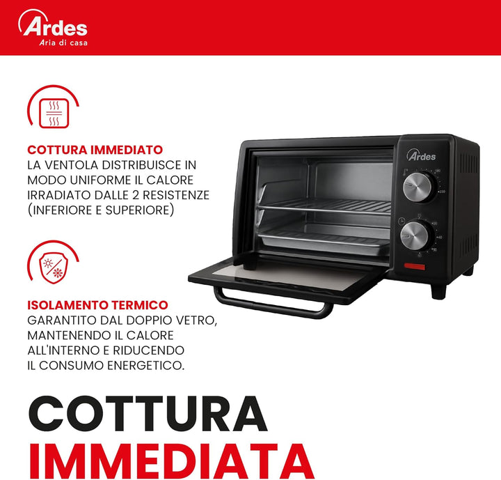 ARDES - AR6211B Elektrischer Kleinbackofen Fassungsvermögen 10 Liter Mit Innenbeleuchtung Regulierba