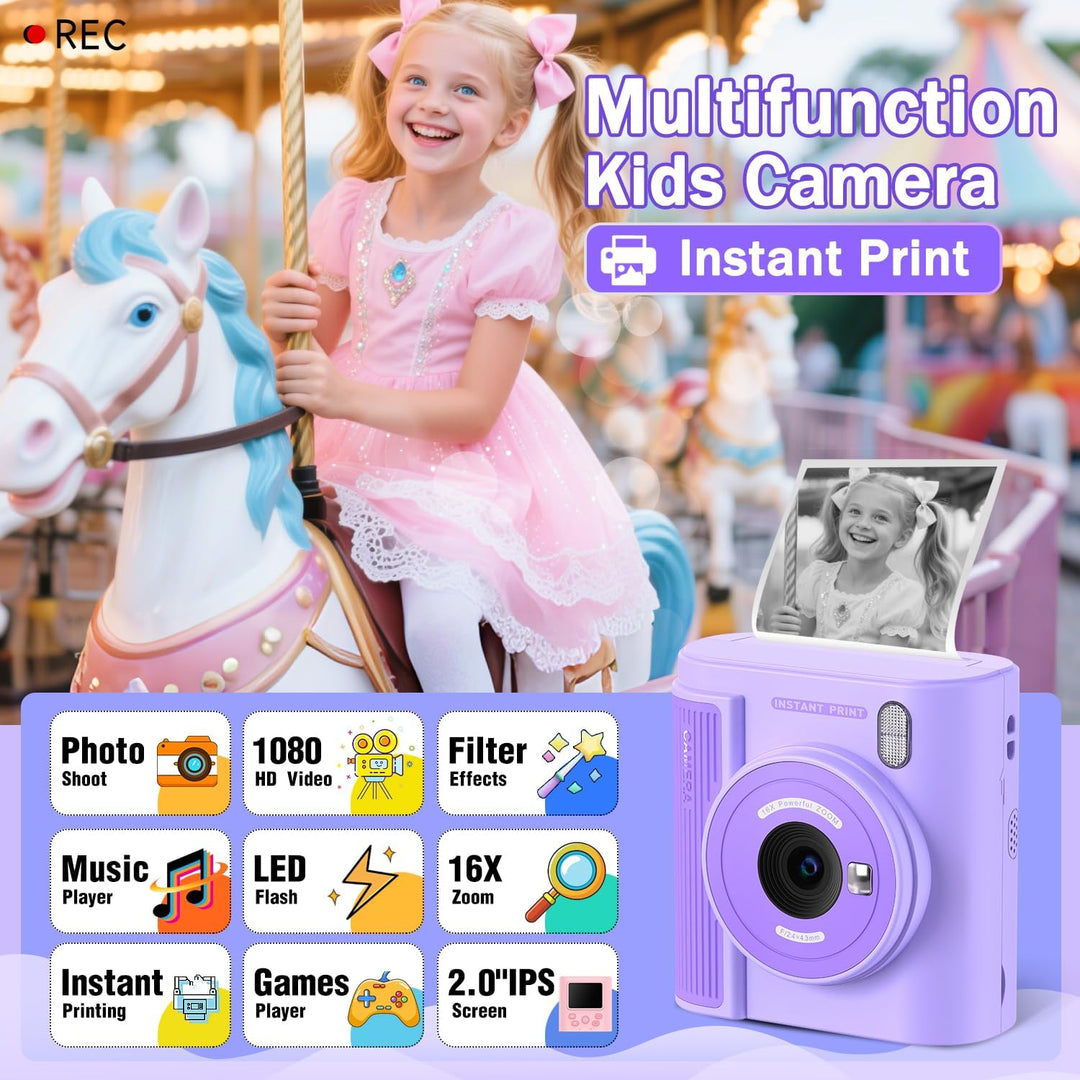 Zicor Kinderkamera mit Sofortdruck – 1080HD-Digitalkamera mit Video- & Druckfunktion für Kinder, lus