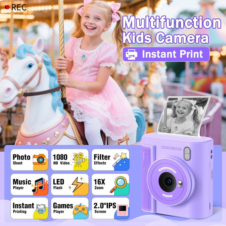 Zicor Kinderkamera mit Sofortdruck – 1080HD-Digitalkamera mit Video- & Druckfunktion für Kinder, lus