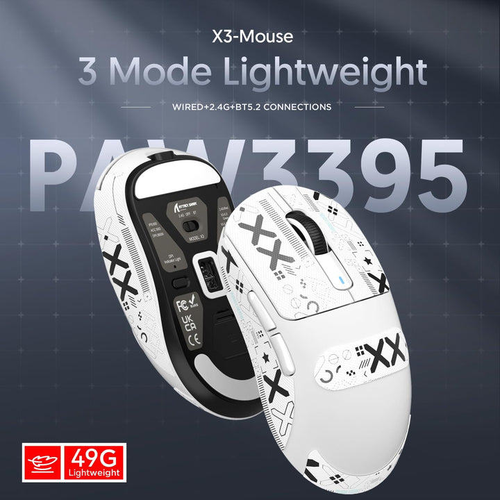 ATTACK SHARK X3 49g Superlight Maus mit Klebeband, PixArt PAW3395 Gaming-Sensor, BT/2,4G Kabellose/K