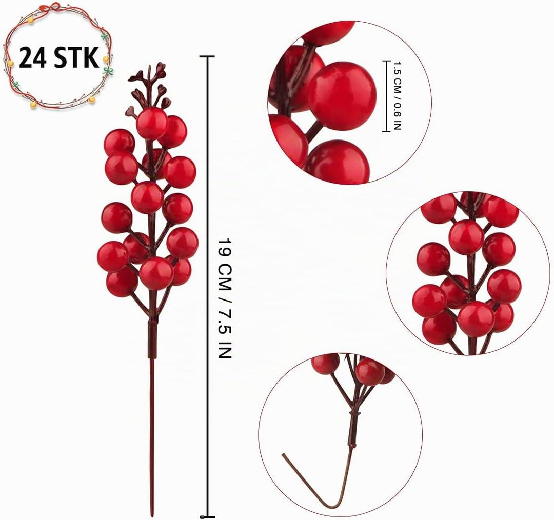 Fangoo 24 Stück Rote Beeren Stiele,Künstliche Burgunder Picks Stechpalme Rote Beeren Zweige Weihnach