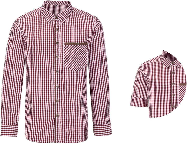 Dirndlwelle Trachtenhemd Herren,100% Baumwolle Rot/Grün/Weiss Oktoberfest Trachtenhemd Herren Langar