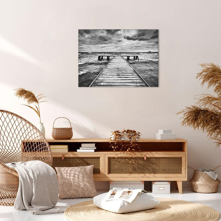 Bilder auf Leinwand Brücke Meer Welle Leinwandbild mit Rahmen 70x50cm Wandbilder Dekoration Wohnzimm