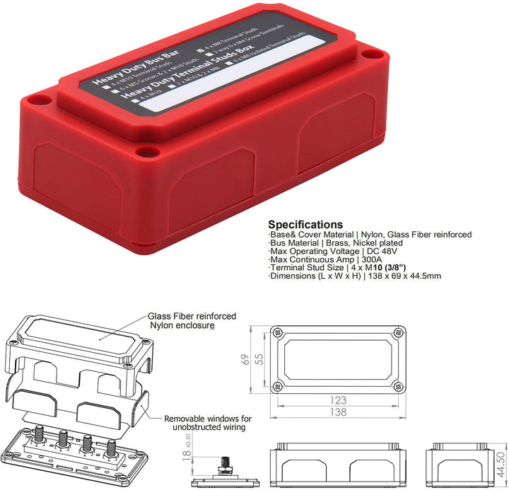 T Tocas Sammelschiene 12V - 48V DC 300 Amp Bus Bar mit 4 x M10 Bolzen Anschlussblöcke robustes Modul