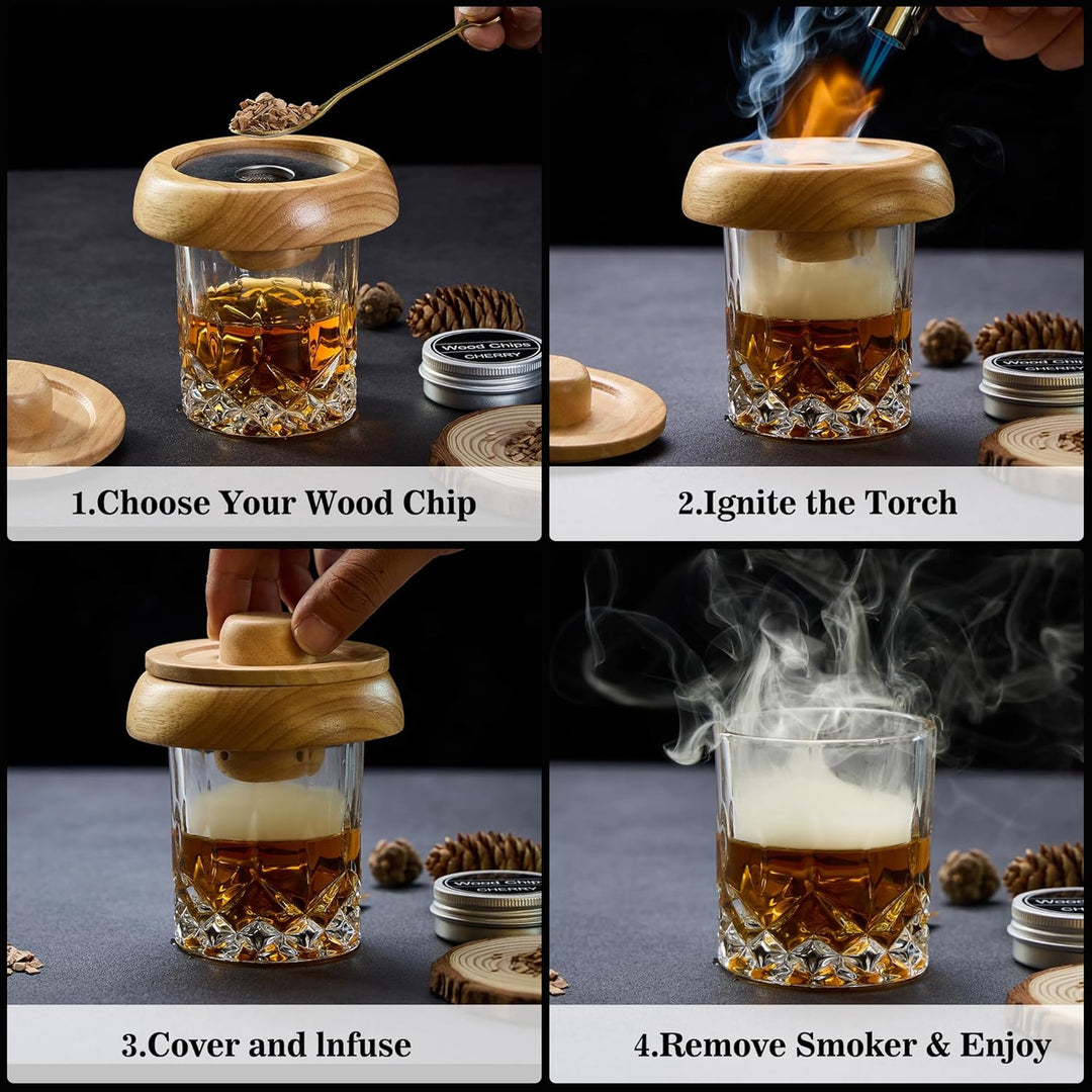 Cocktail Smoker Set – Whisky Räucher-Set mit 6 Holzchips, 4 Edelstahl-Whisky-Steinen & Verbesserter