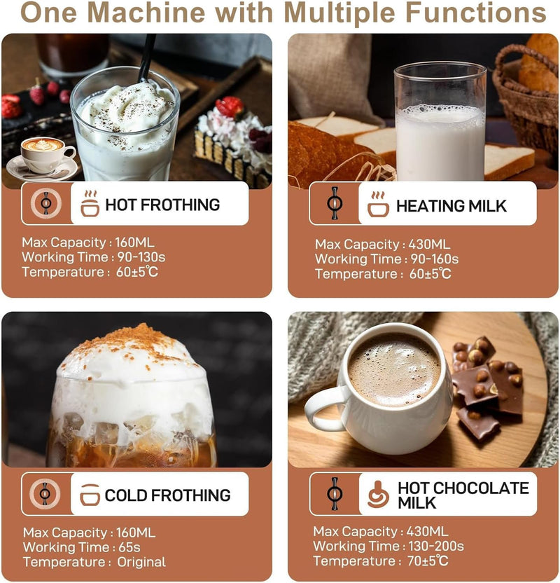 Milchaufschäumer Elektrisch, Milk Frother für Milchschaum warm & kalt, 4 in 1 Automatischer Milchbeh