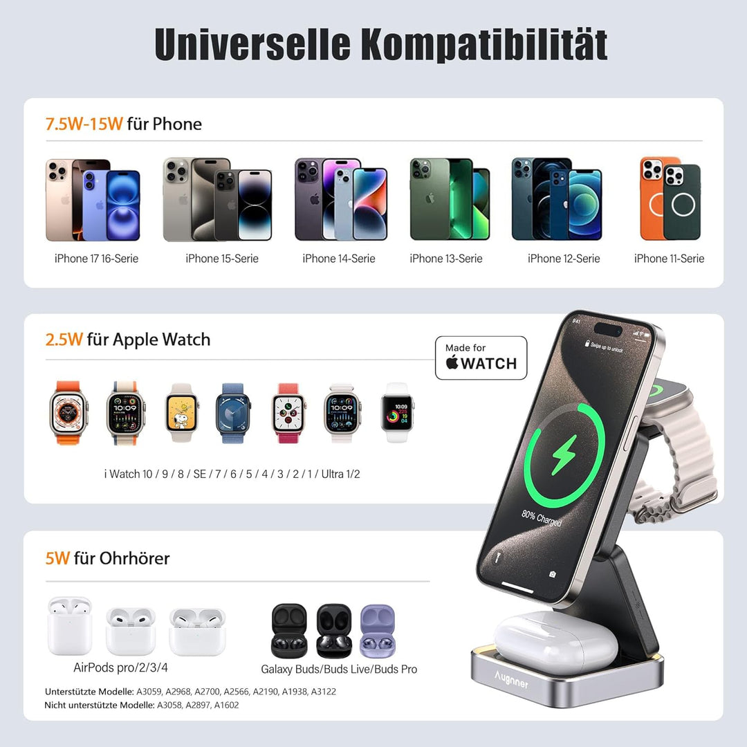 3 in 1 Induktive Ladestation Kompatibel mit MagSafe, Faltbar Kabelloses Ladegerät für Apple Watch un