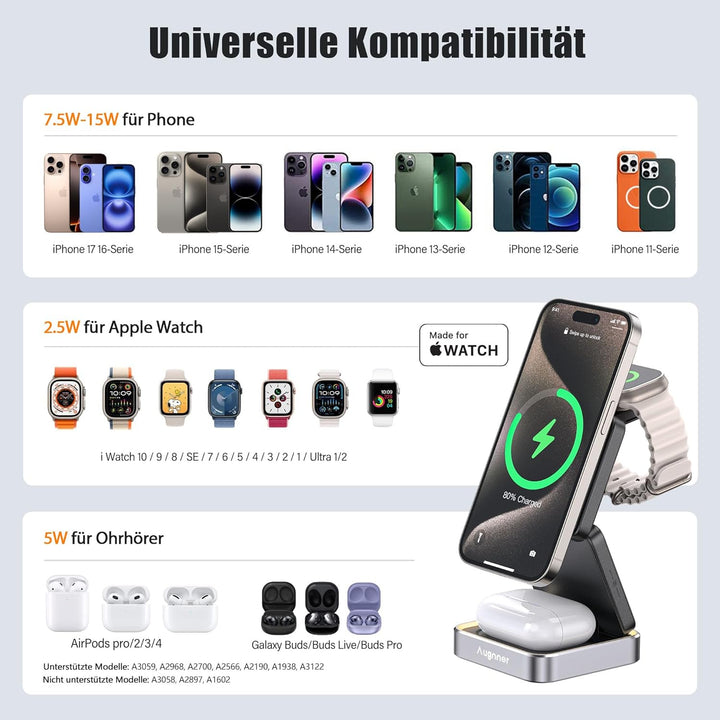 3 in 1 Induktive Ladestation Kompatibel mit MagSafe, Faltbar Kabelloses Ladegerät für Apple Watch un