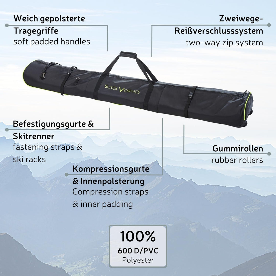 Black Crevice Skitasche mit Rollen für 2 Paar Skier + Stöcke I Ski Bag mit 2-Wege Reissverschluss I