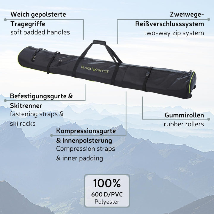 Black Crevice Skitasche mit Rollen für 2 Paar Skier + Stöcke I Ski Bag mit 2-Wege Reissverschluss I