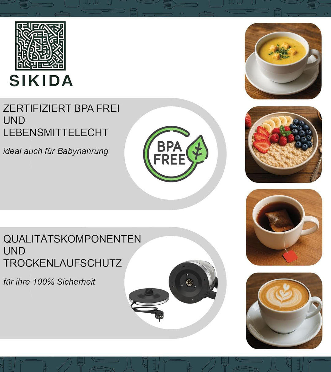 Glas Wasserkocher 1,8L - sehr leise - zertifiziert BPA-frei, 360° drehbare Basis, LED-Beleuchtung, B