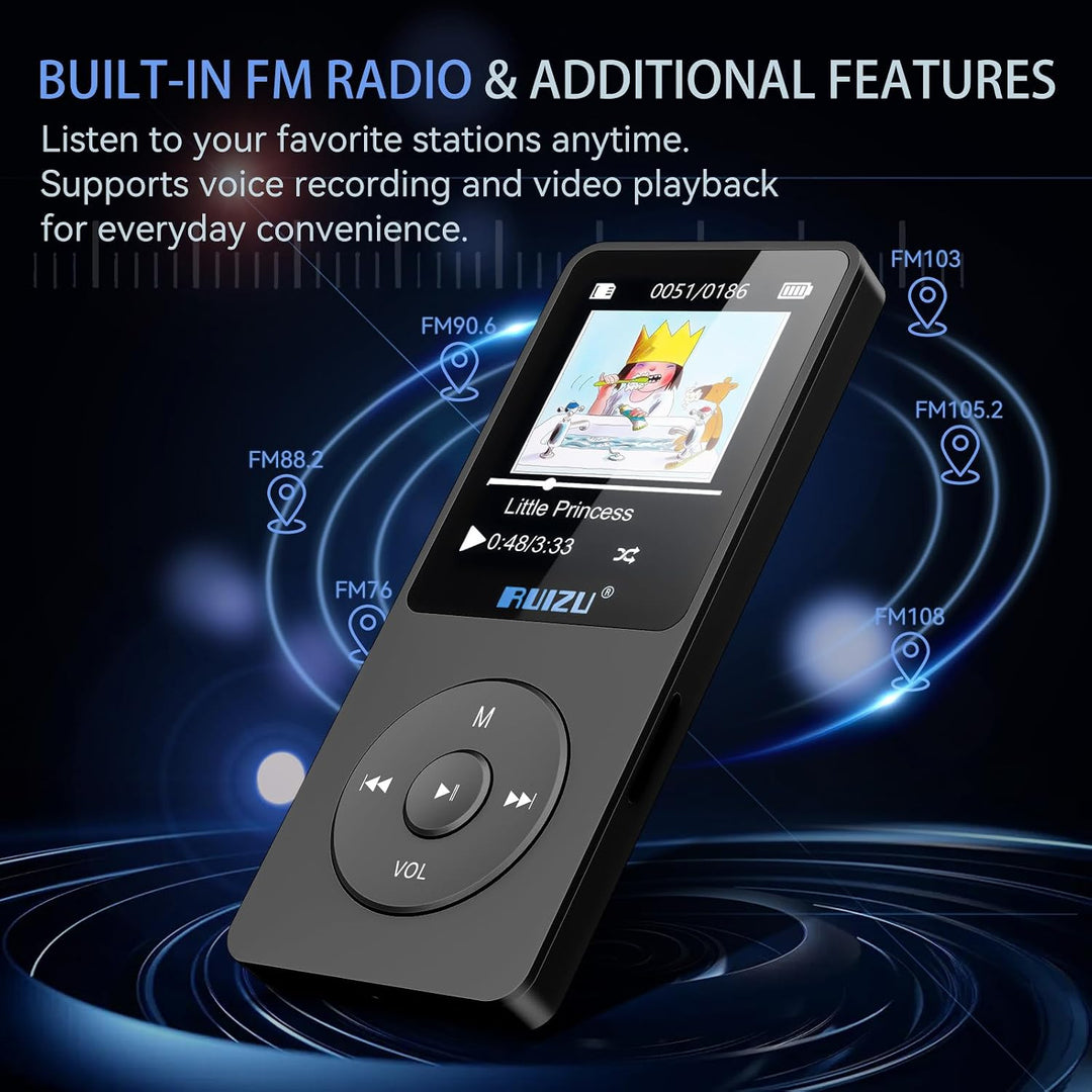 RUIZU MP3 Player 64GB Bluetooth 5.3 mit Tastensteuerung Schwarz, Schwarz